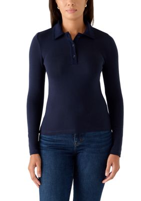 MUSE Republic Clothing Women's 1/2 Button Down Long Sleeve Top, Navy Blue, Small