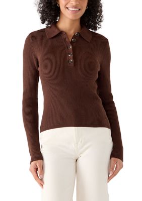MUSE Republic Clothing Women's Long Sleeve Half Button-Front Ribbed Polo Sweater, Small