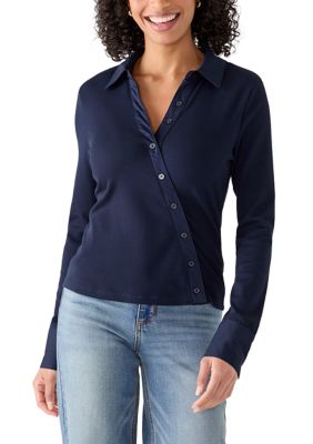 MUSE Republic Clothing Women's Long Sleeve Asymmetric Button Knit Top, Navy Blue, Small