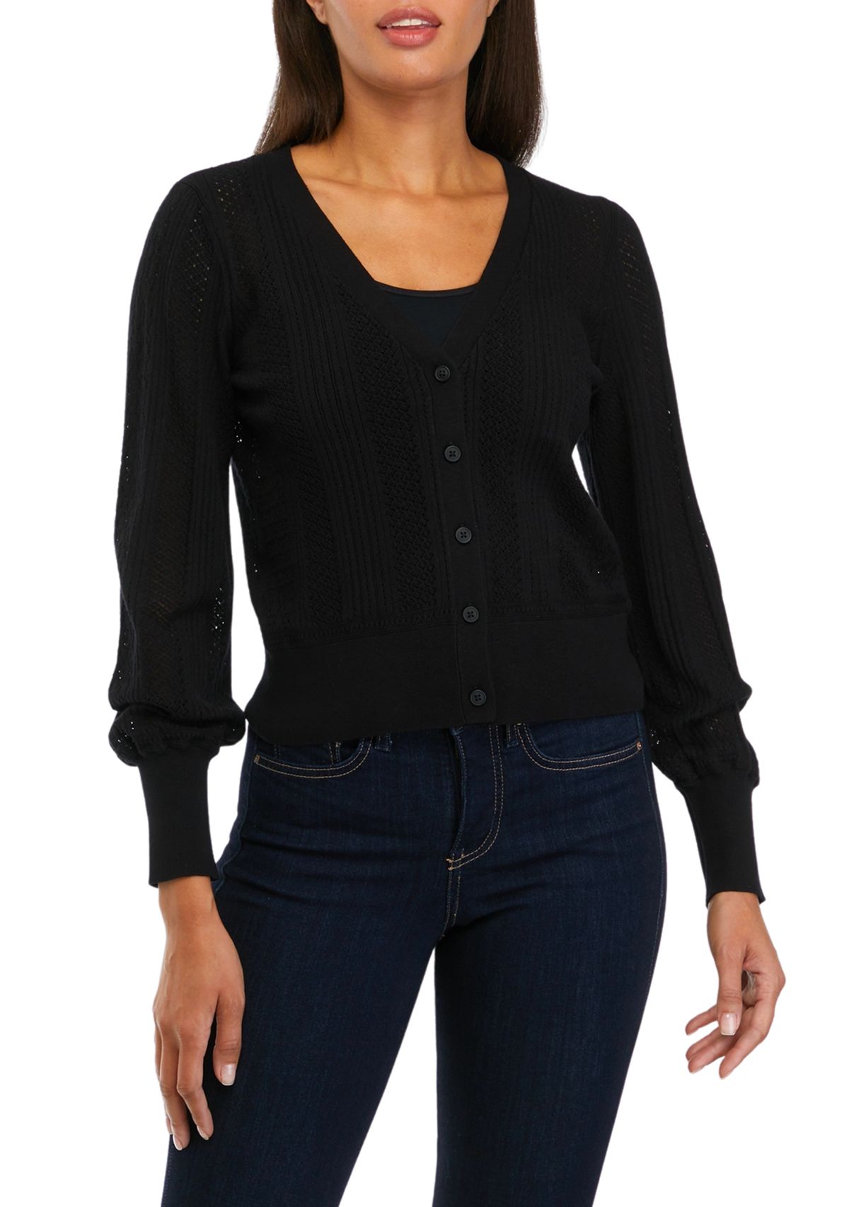 Womens Pointelle V-Neck Button Front Cardigan