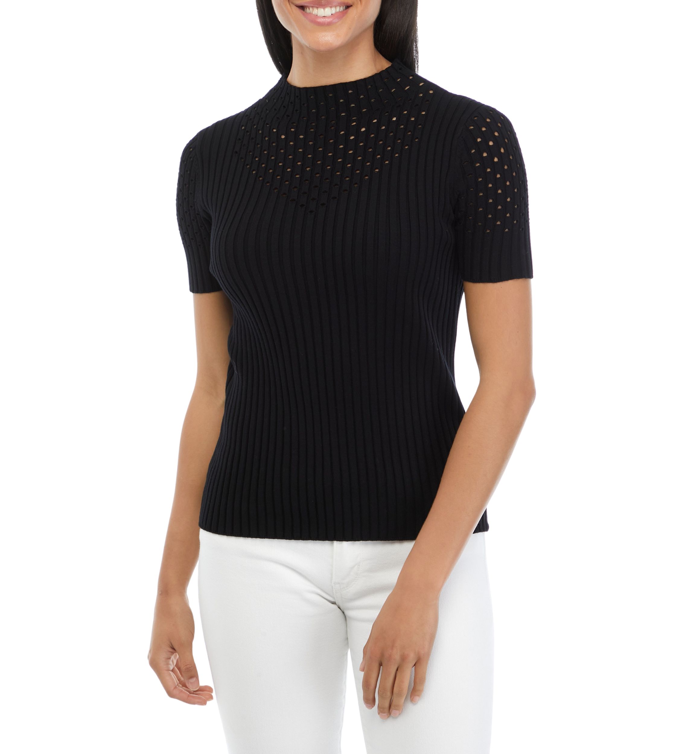 Womens Short Sleeve Mock Neck Sweater with Pointelle Stitching