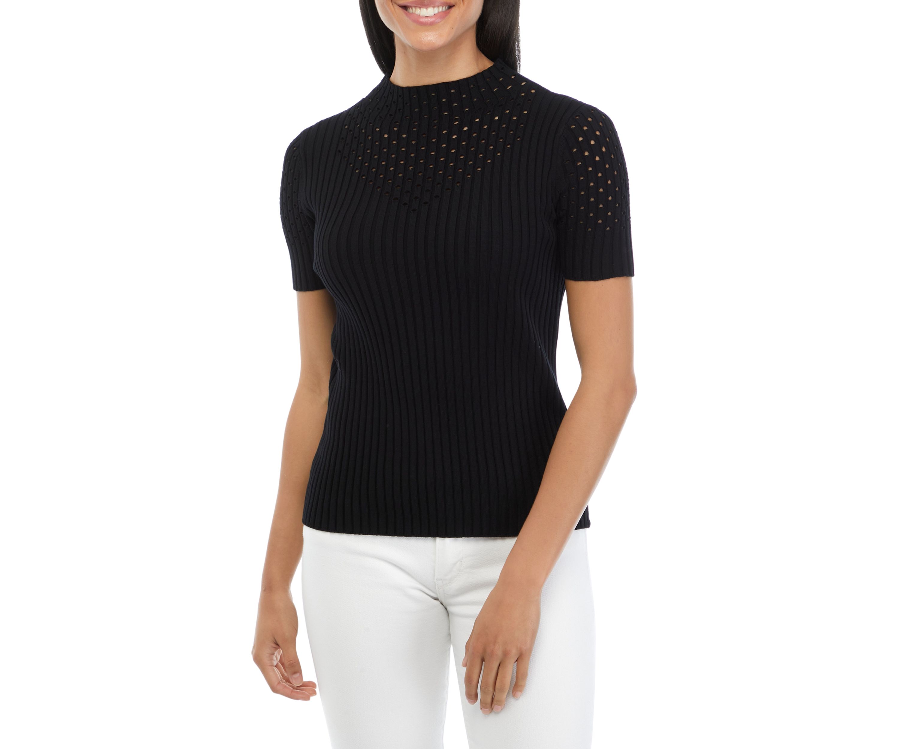 Womens Short Sleeve Mock Neck Sweater with Pointelle Stitching