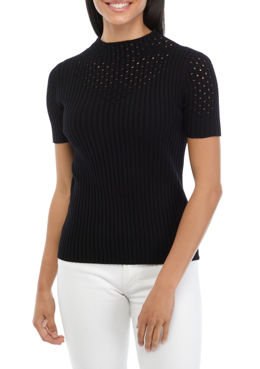 Womens Short Sleeve Mock Neck Sweater with Pointelle Stitching