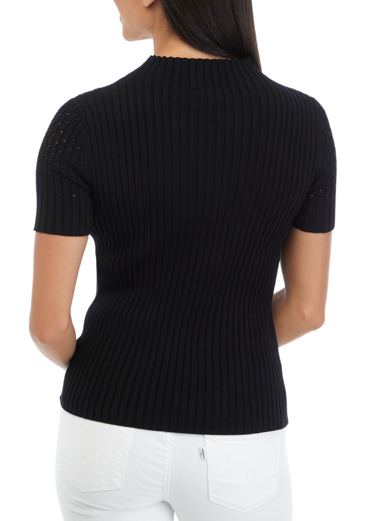 Womens Short Sleeve Mock Neck Sweater with Pointelle Stitching