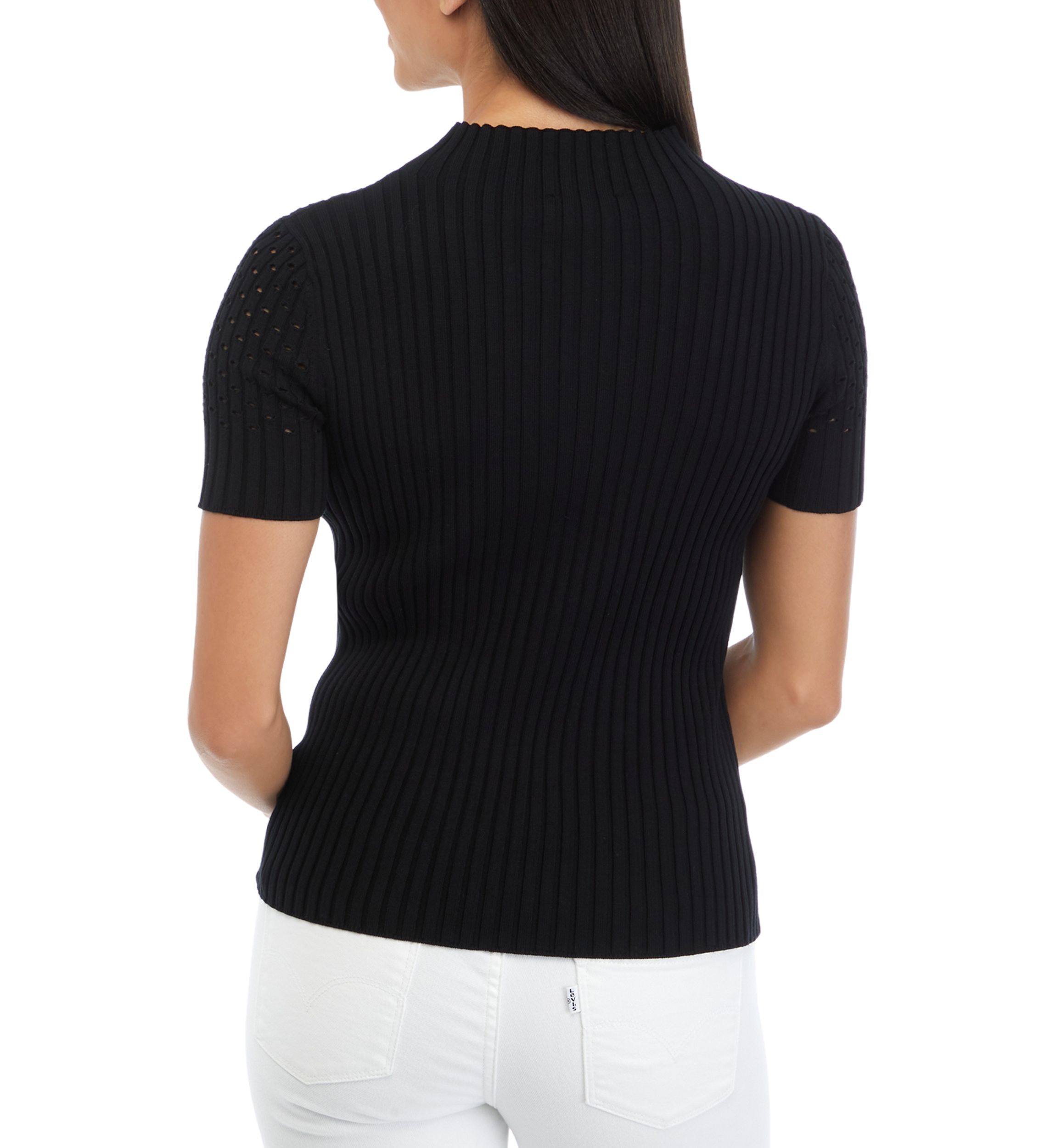 Womens Short Sleeve Mock Neck Sweater with Pointelle Stitching