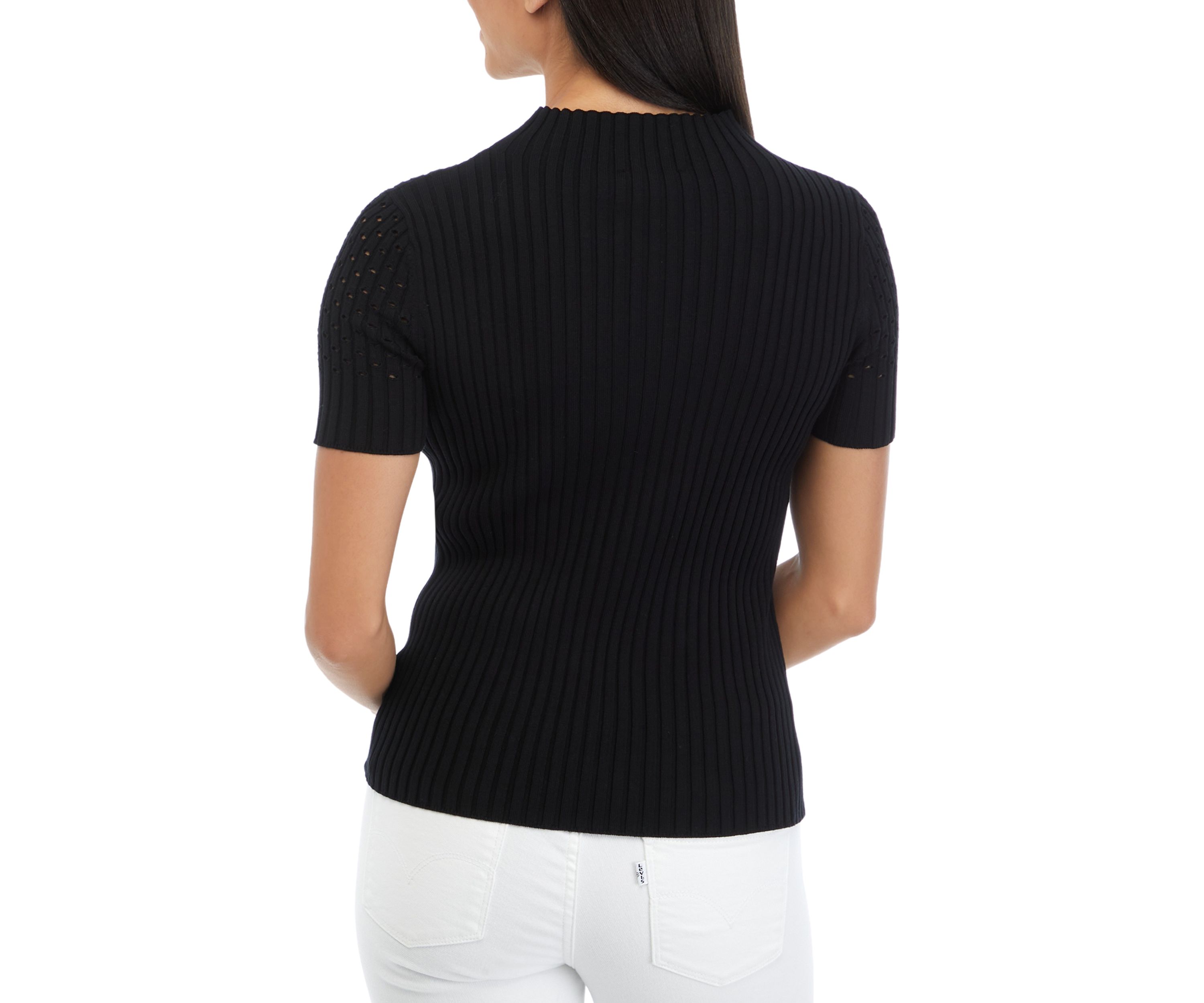 Womens Short Sleeve Mock Neck Sweater with Pointelle Stitching