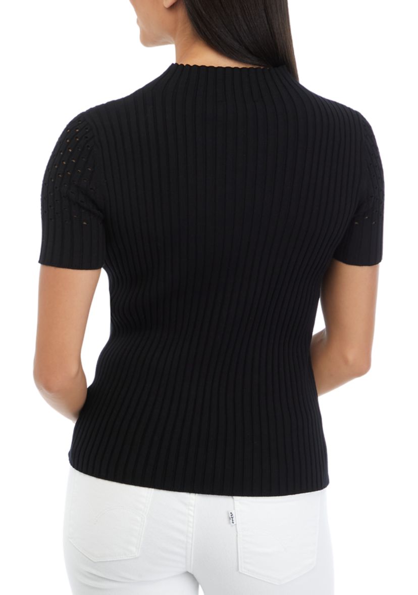 Womens Short Sleeve Mock Neck Sweater with Pointelle Stitching