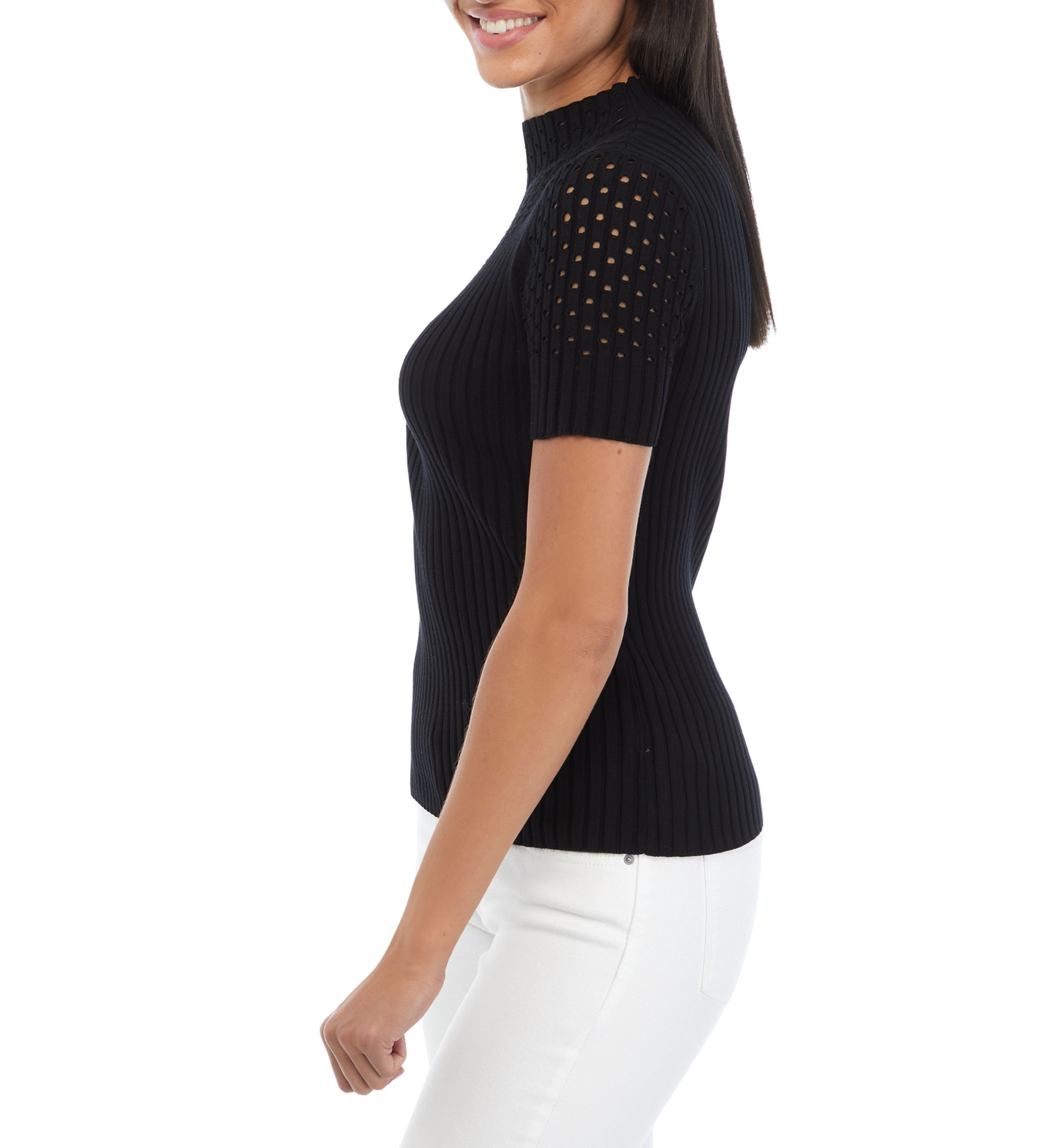 Womens Short Sleeve Mock Neck Sweater with Pointelle Stitching