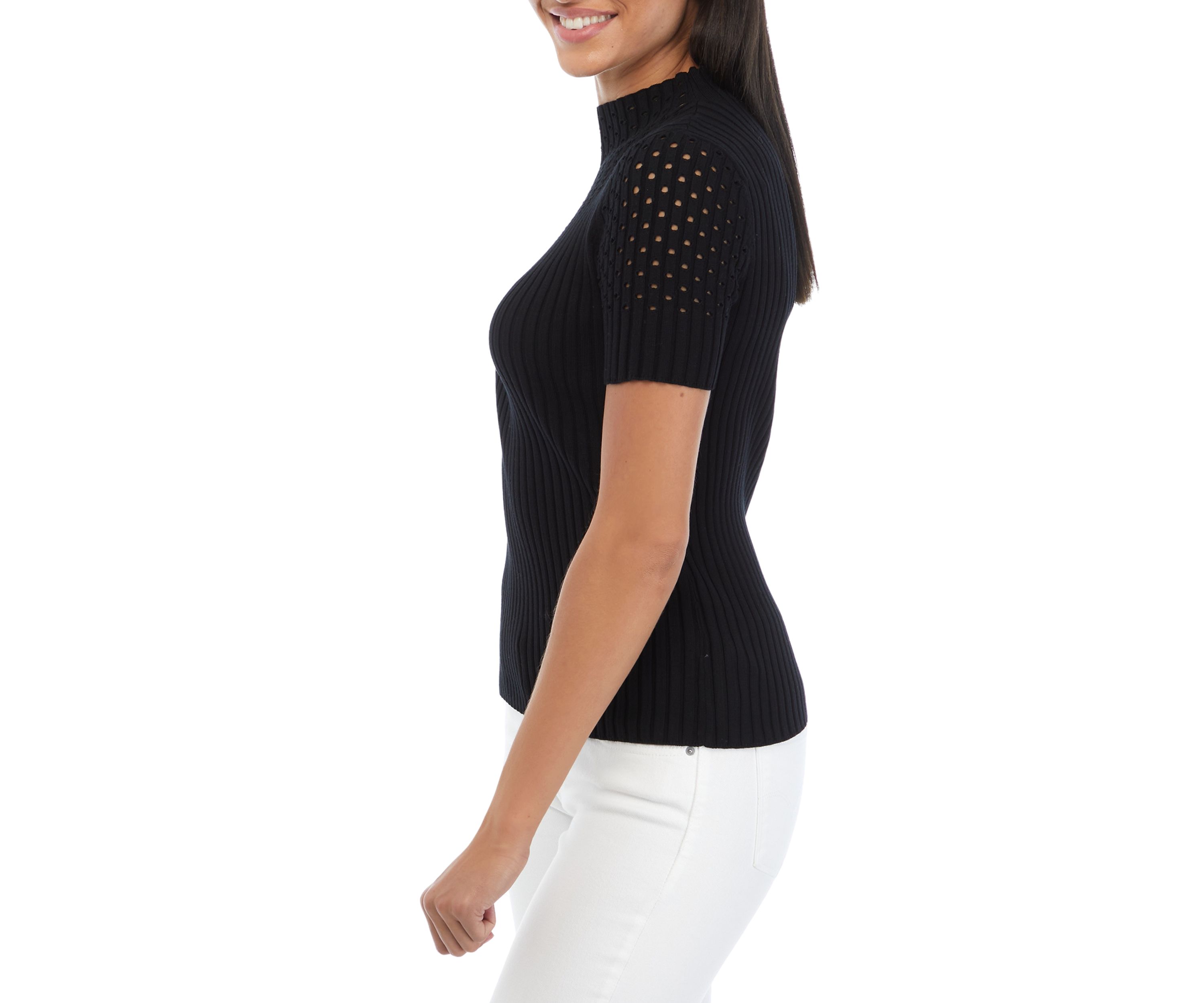 Womens Short Sleeve Mock Neck Sweater with Pointelle Stitching