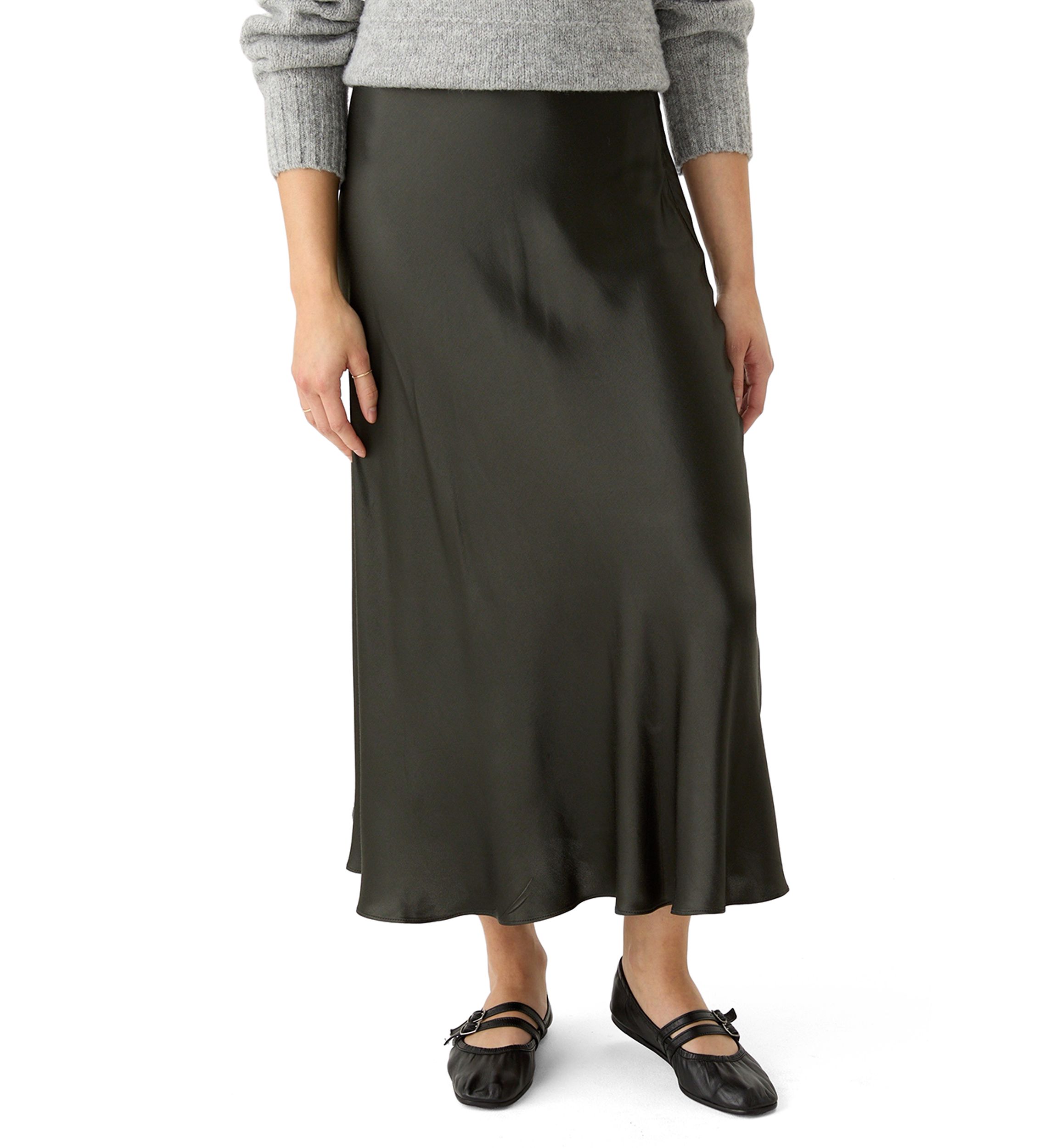 Womens Side Zip Satin Midi Skirt