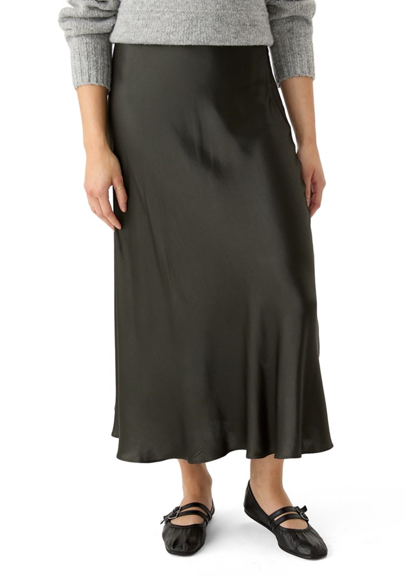 Womens Side Zip Satin Midi Skirt