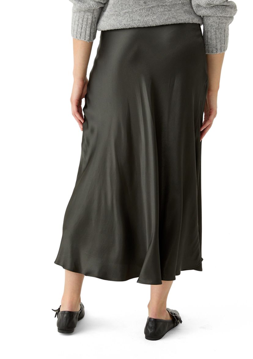Womens Side Zip Satin Midi Skirt
