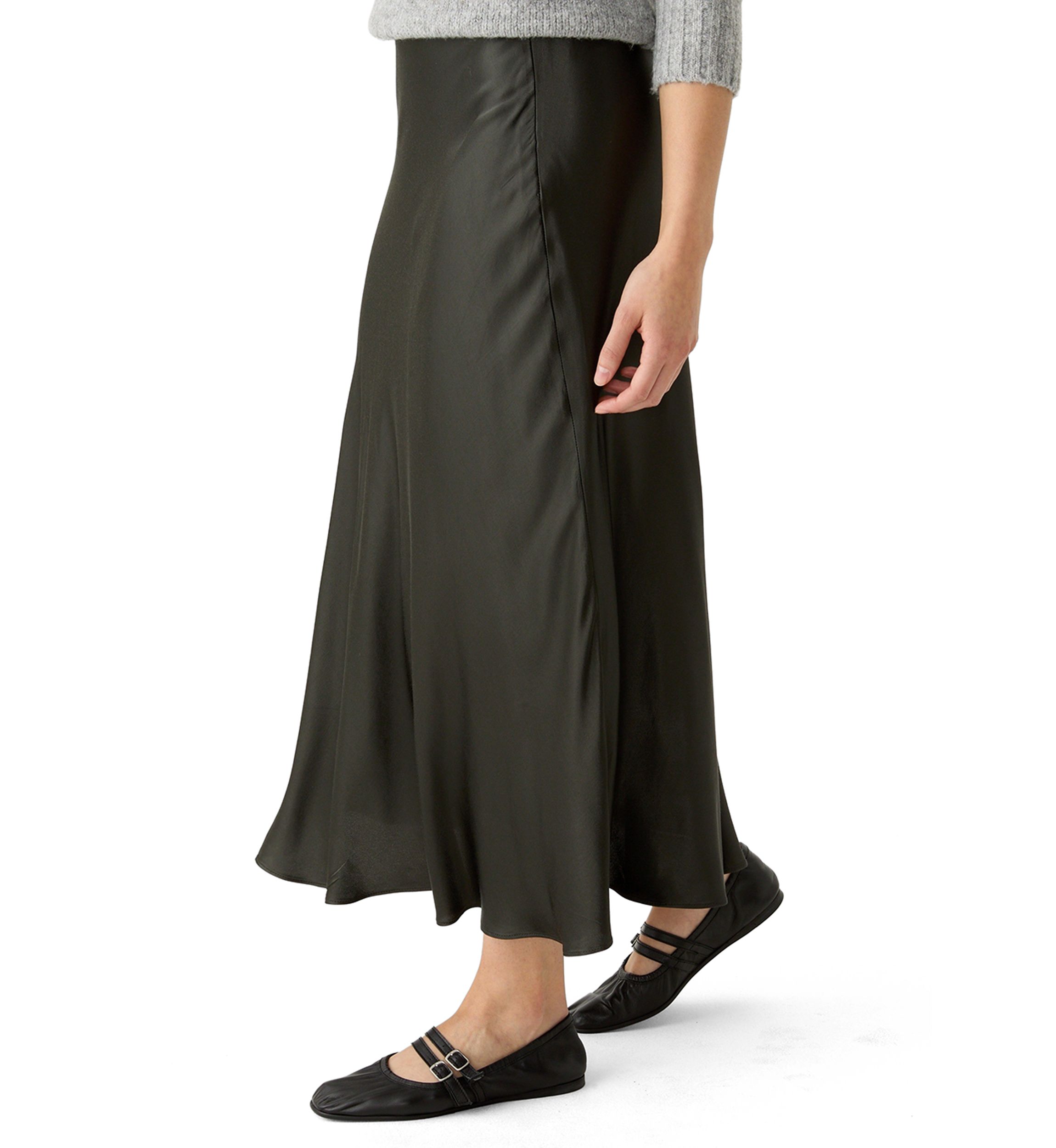 Womens Side Zip Satin Midi Skirt