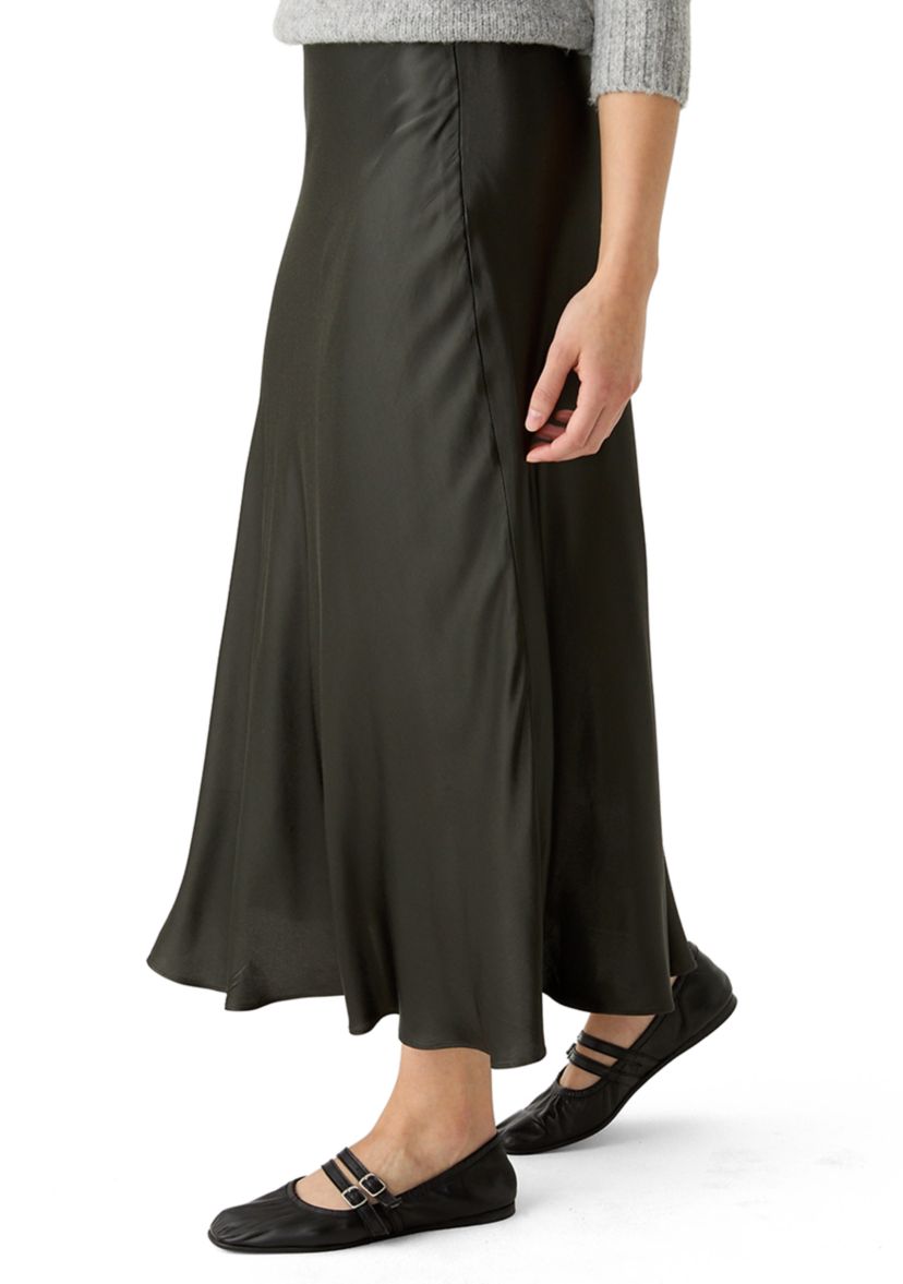 Womens Side Zip Satin Midi Skirt