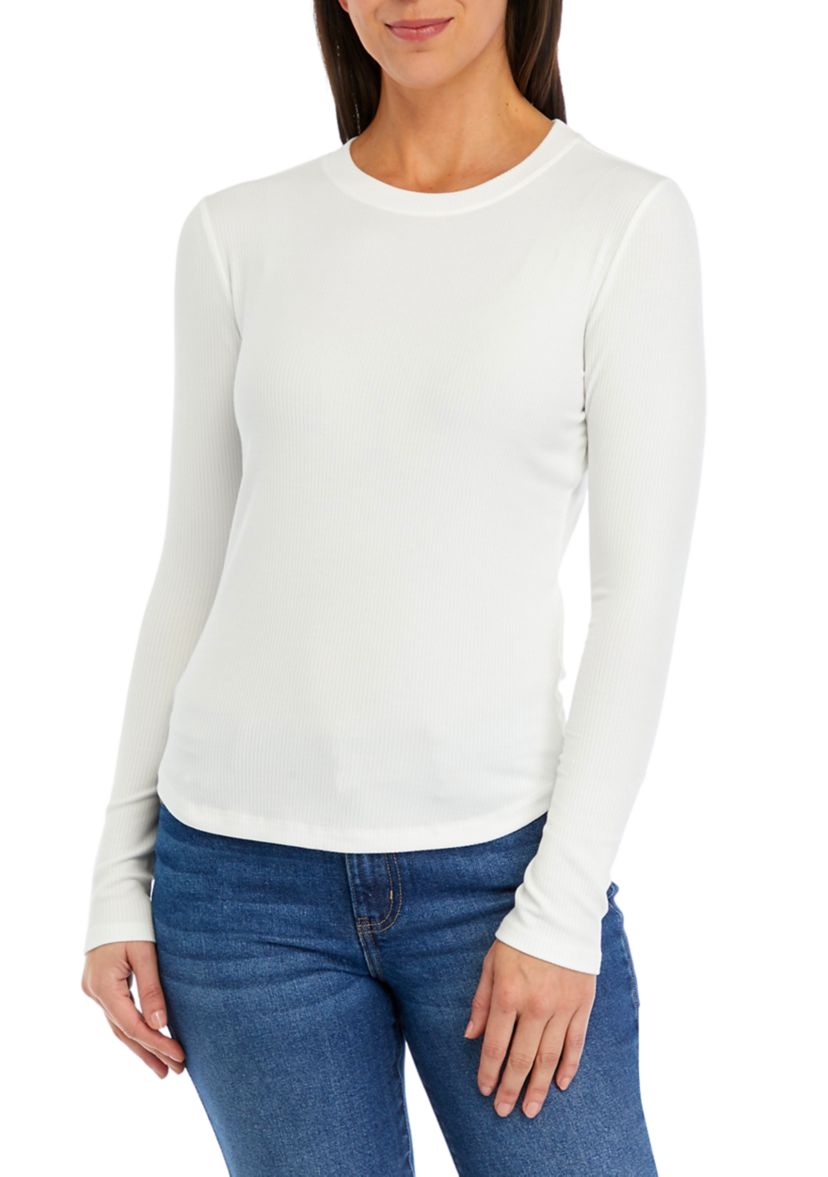 Womens Ribbed Knit Solid Crew Neck T-Shirt