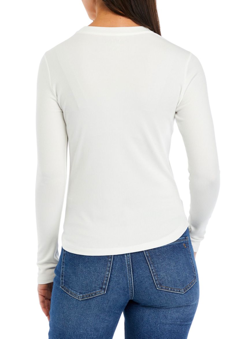 Womens Ribbed Knit Solid Crew Neck T-Shirt