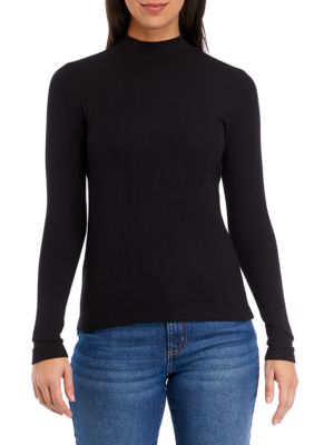 Women's Long Sleeve Ribbed Mock Neck T-Shirt