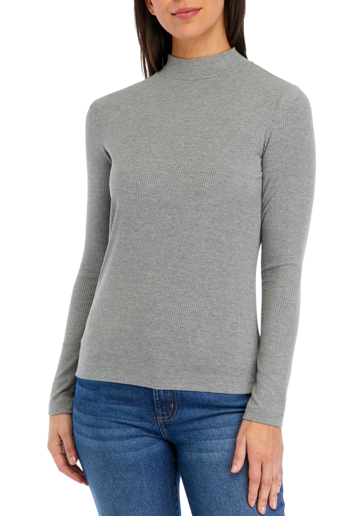 Womens Long Sleeve Ribbed Mock Neck T-Shirt