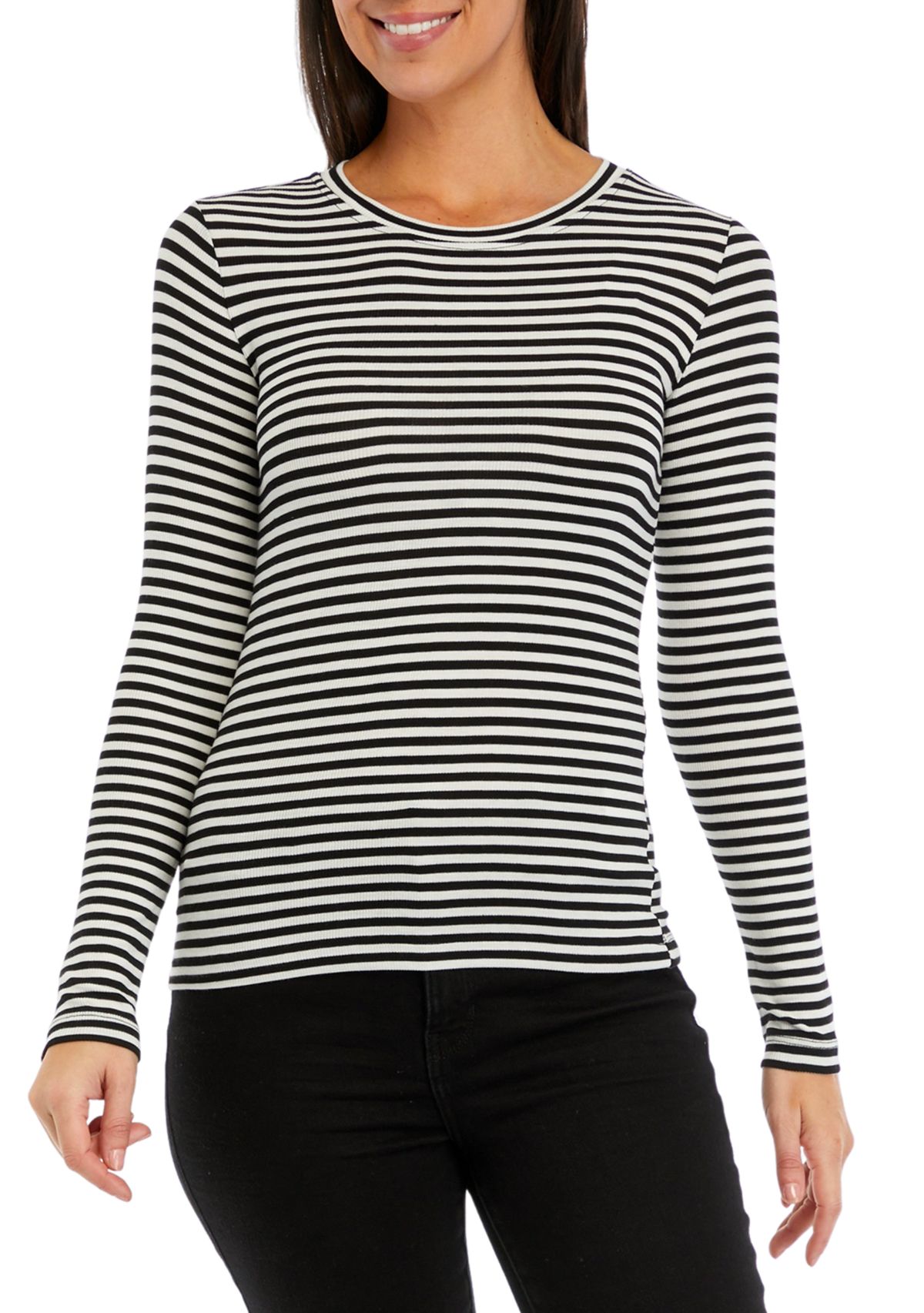 Womens Long Sleeve Ribbed Striped Crew Neck T-Shirt