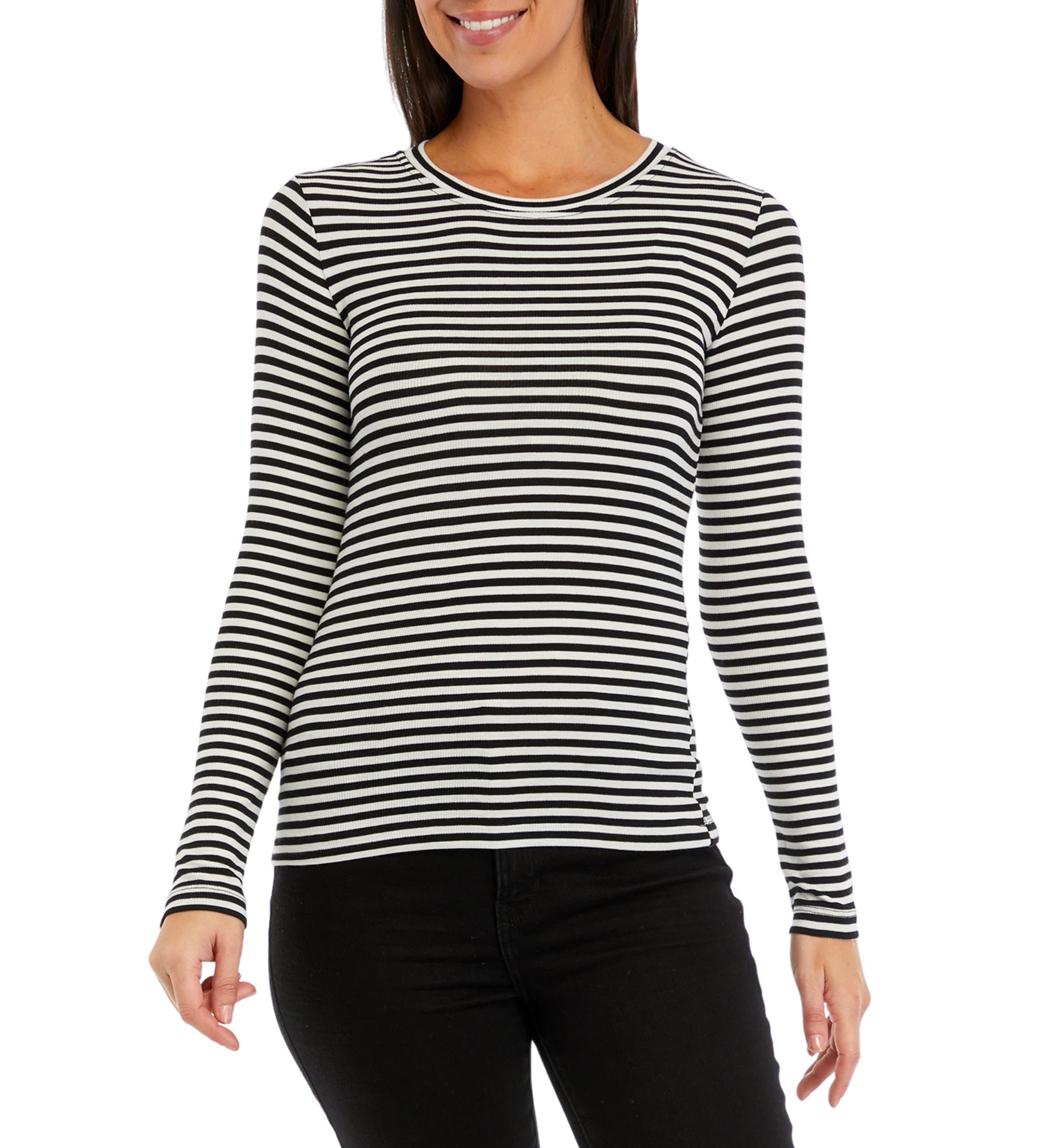 Womens Long Sleeve Ribbed Striped Crew Neck T-Shirt