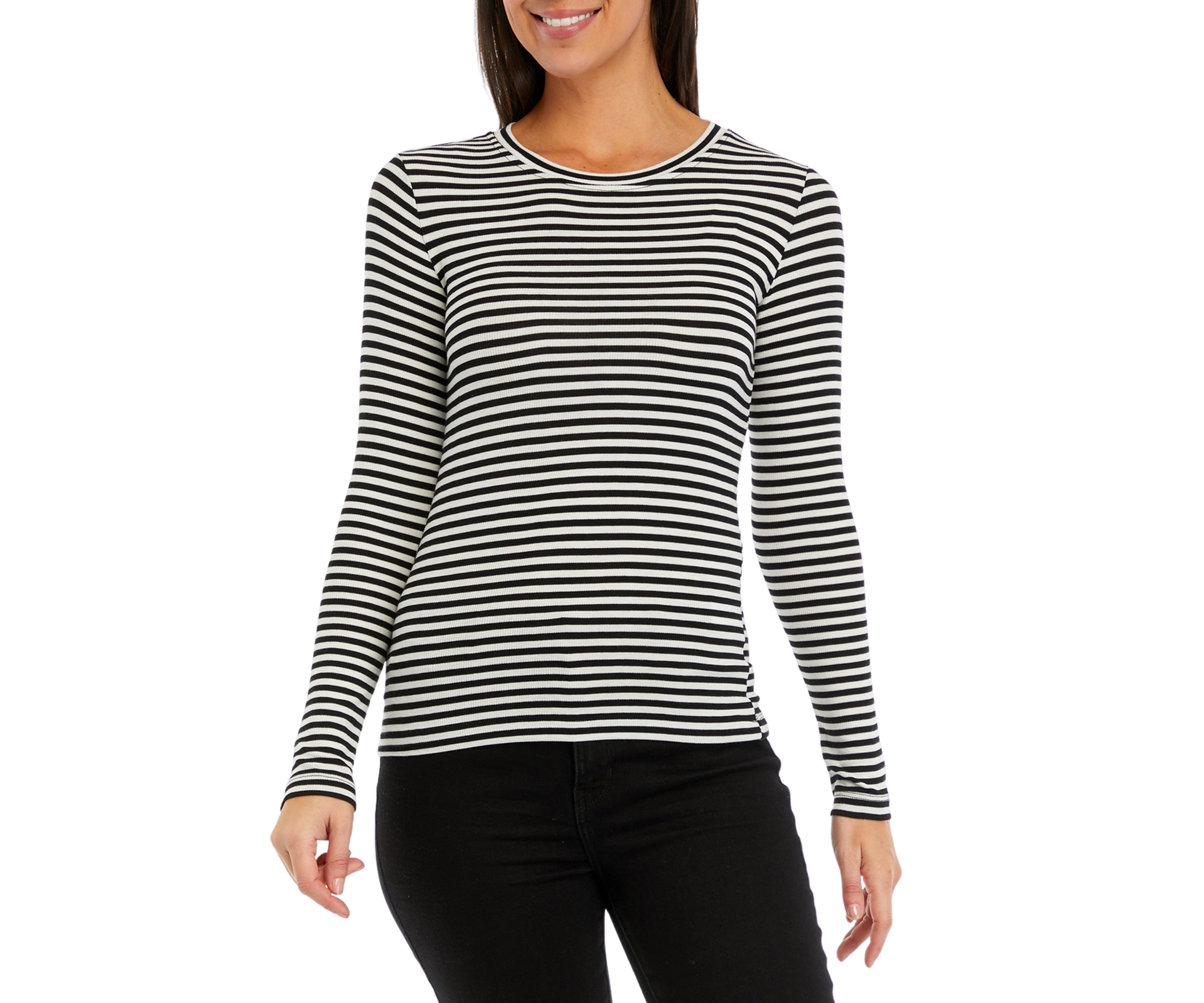 Womens Long Sleeve Ribbed Striped Crew Neck T-Shirt