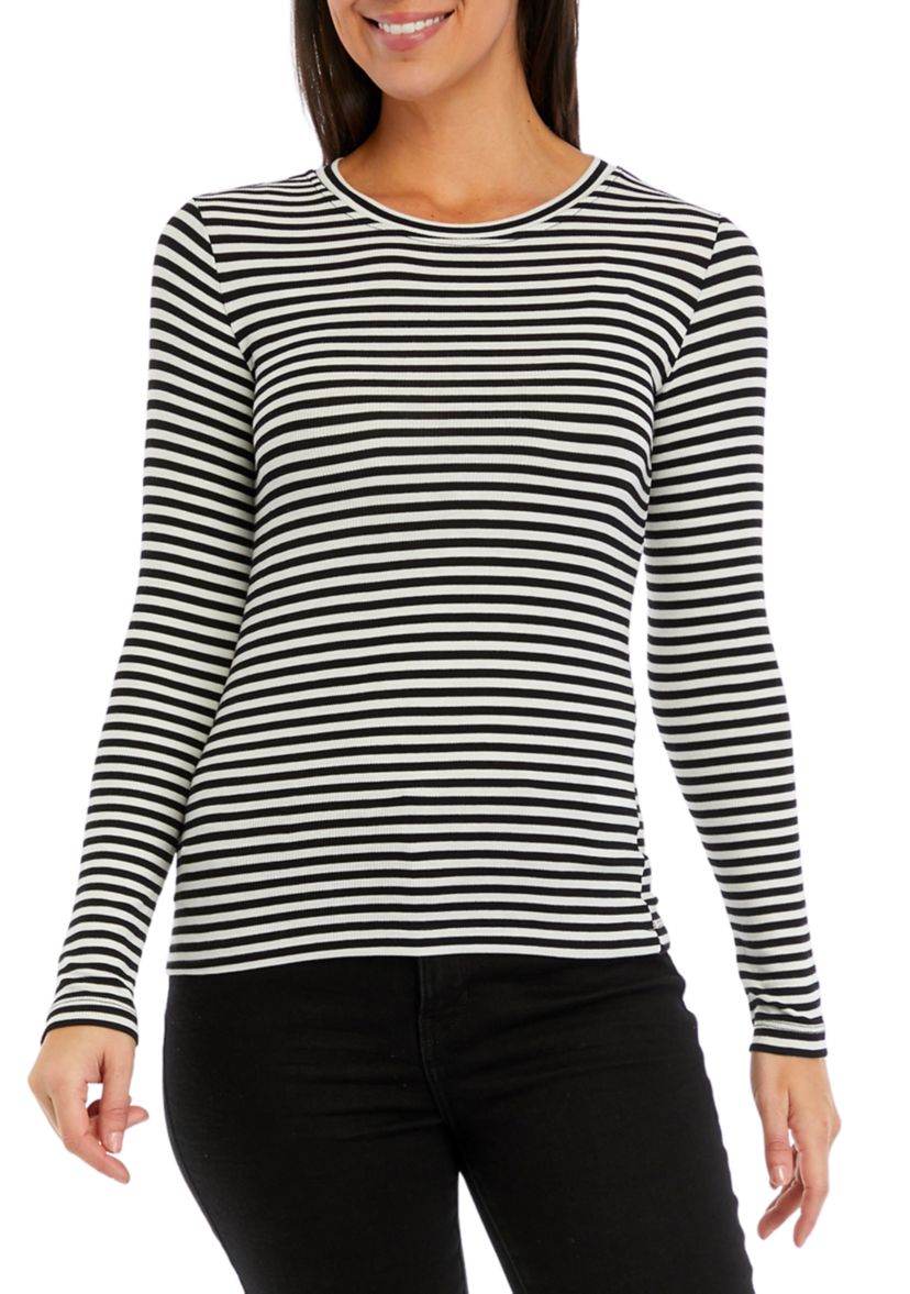 Womens Long Sleeve Ribbed Striped Crew Neck T-Shirt