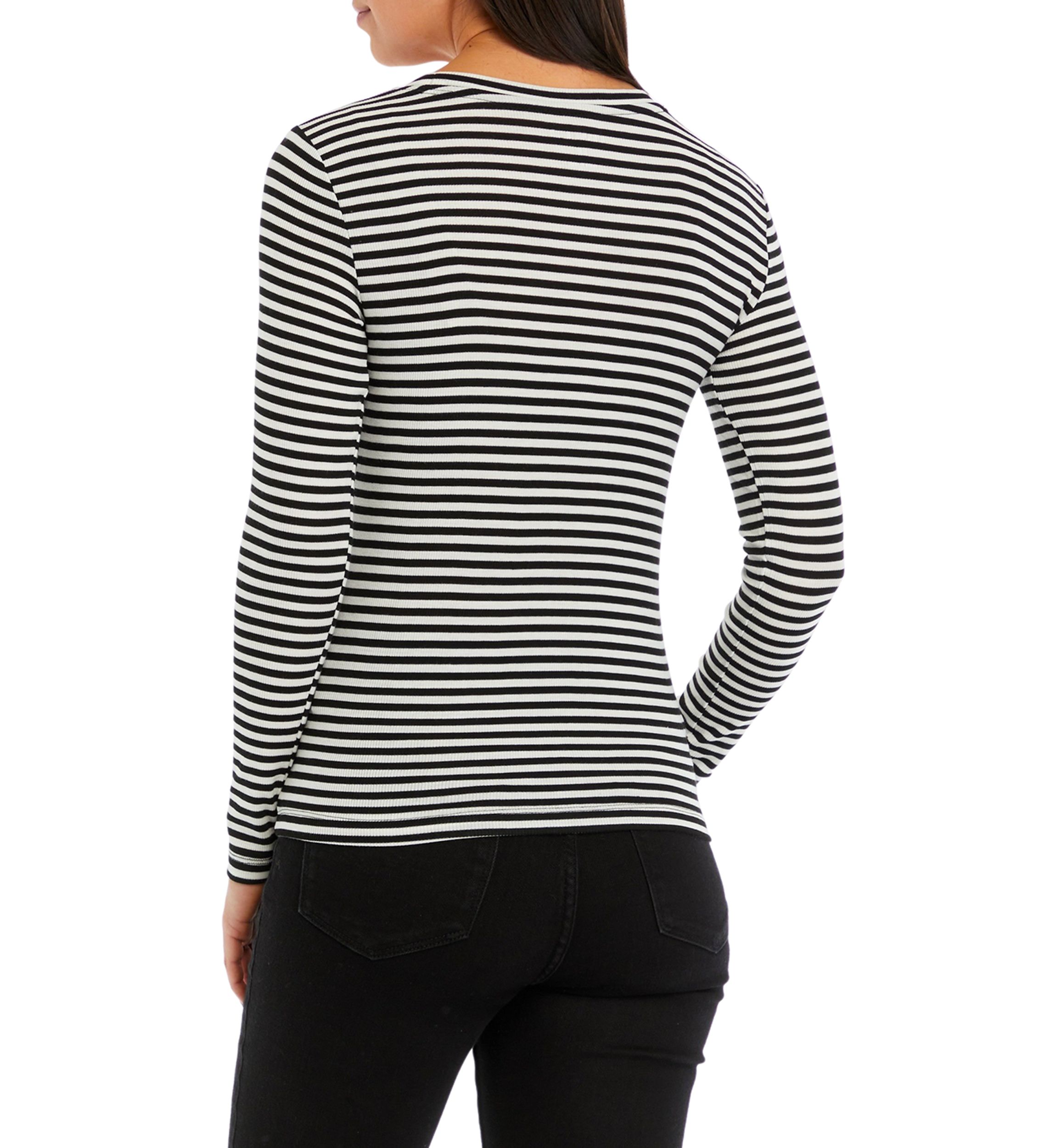 Womens Long Sleeve Ribbed Striped Crew Neck T-Shirt