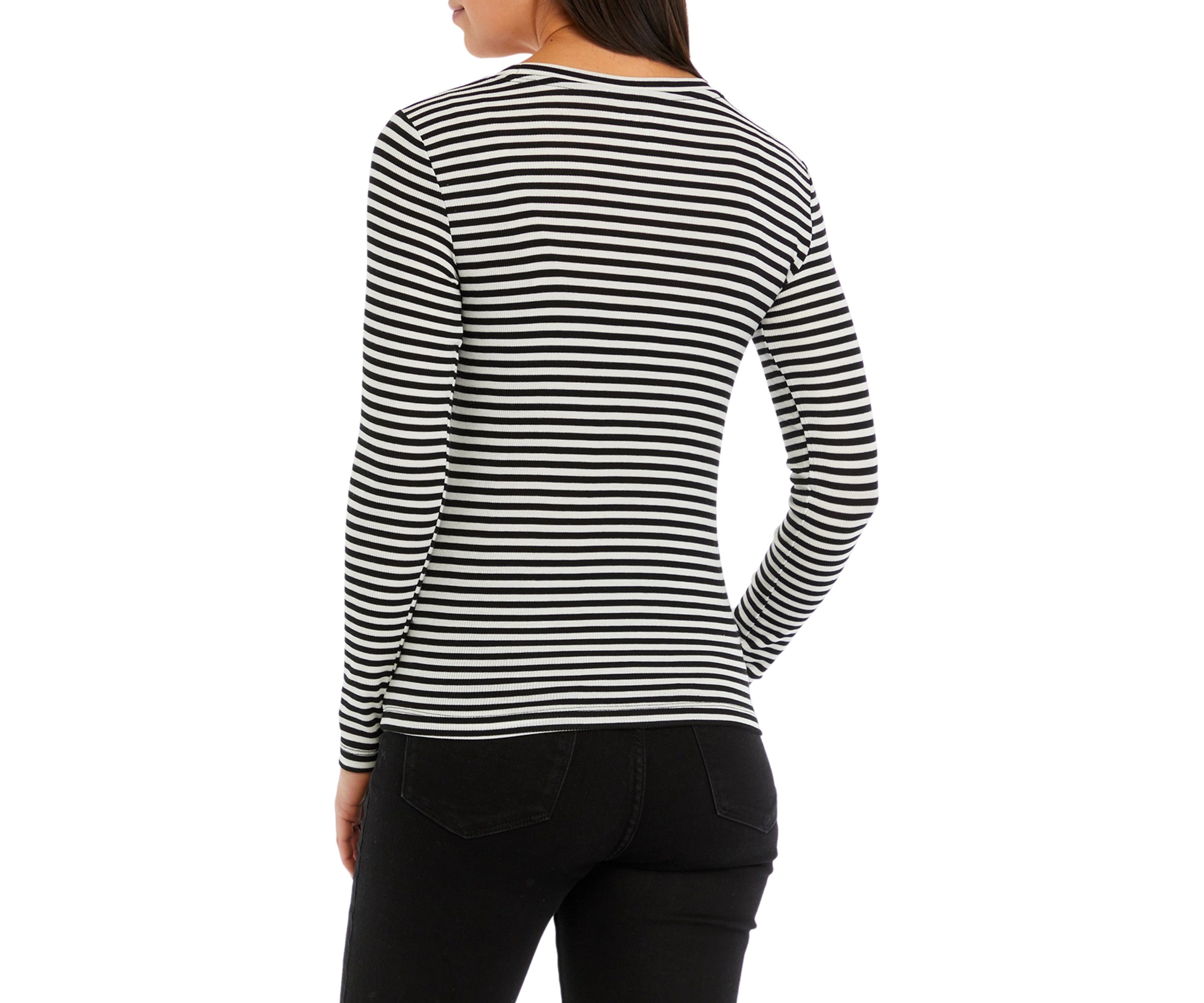 Womens Long Sleeve Ribbed Striped Crew Neck T-Shirt