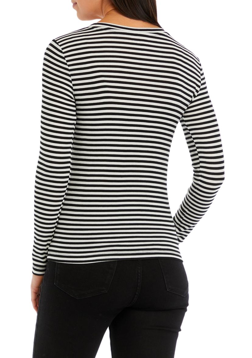 Womens Long Sleeve Ribbed Striped Crew Neck T-Shirt