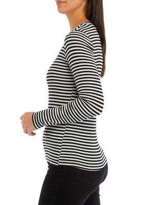 Women's Long Sleeve Ribbed Striped Crew Neck T-Shirt