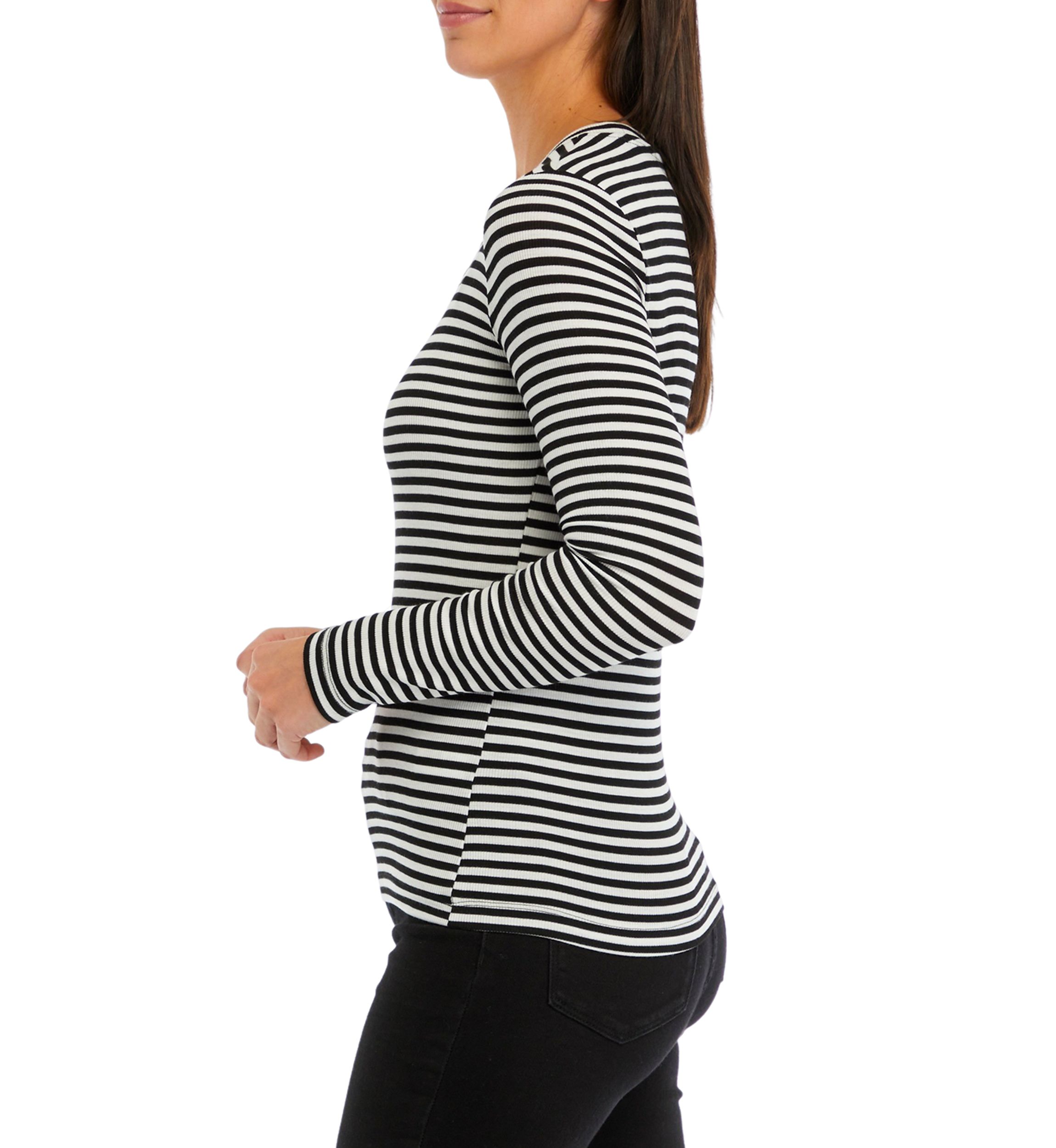 Womens Long Sleeve Ribbed Striped Crew Neck T-Shirt