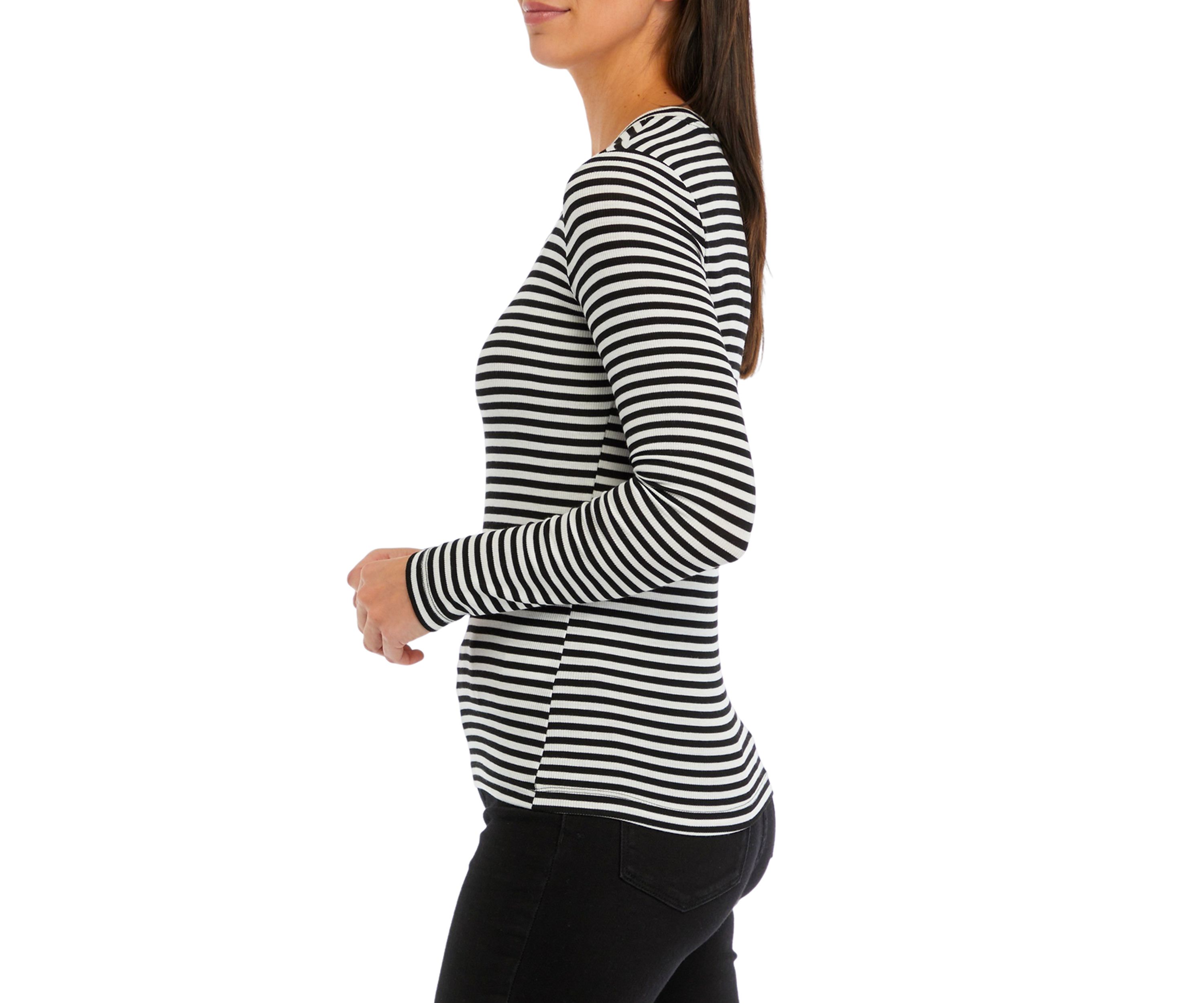 Womens Long Sleeve Ribbed Striped Crew Neck T-Shirt