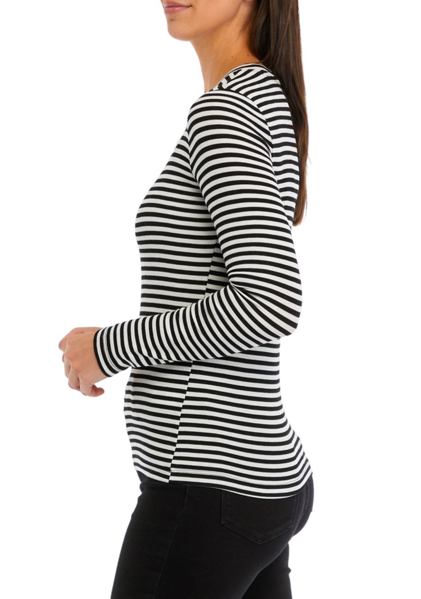Womens Long Sleeve Ribbed Striped Crew Neck T-Shirt
