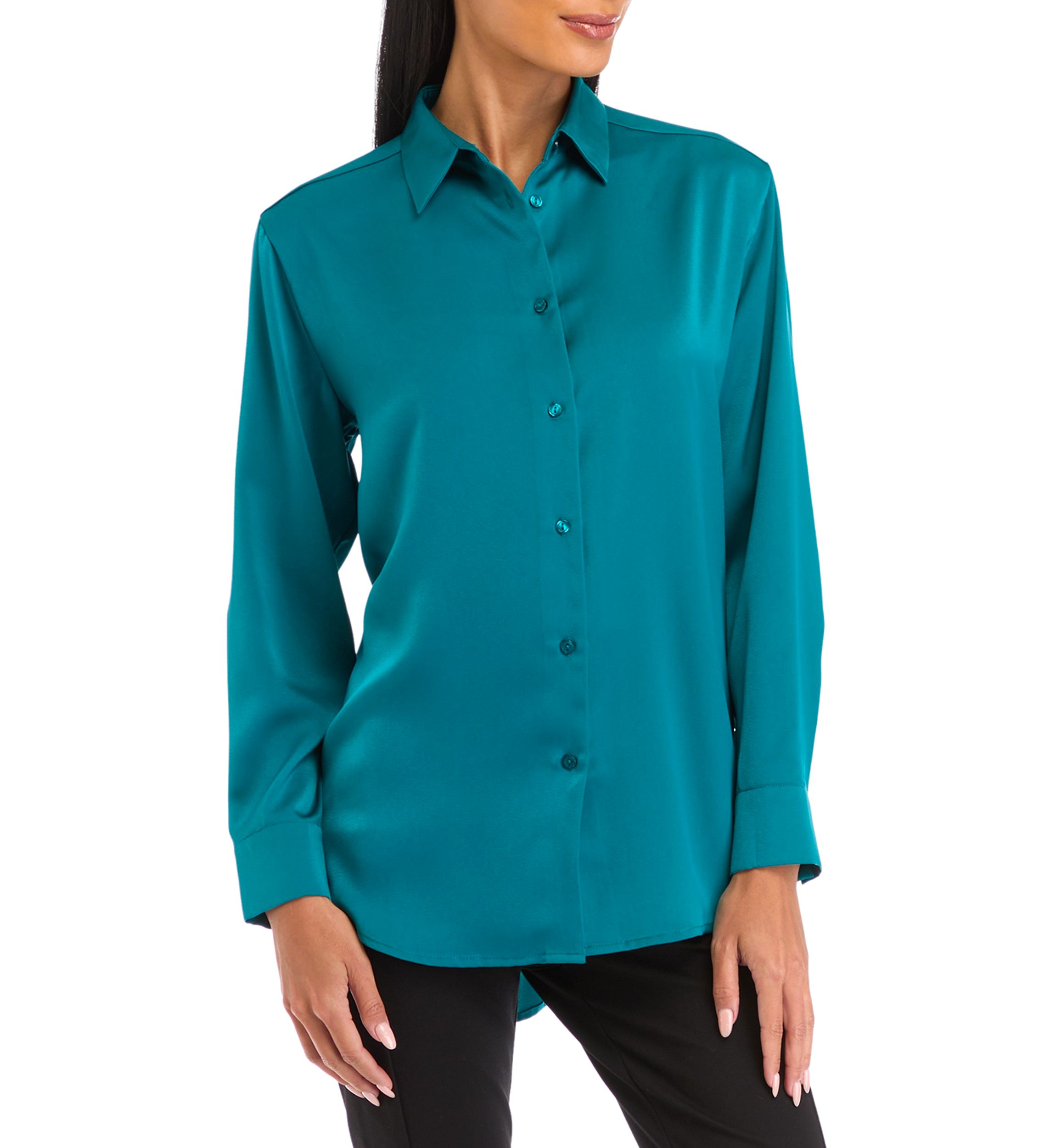 Petite Long Sleeve Collared Button Front Tunic Shirt