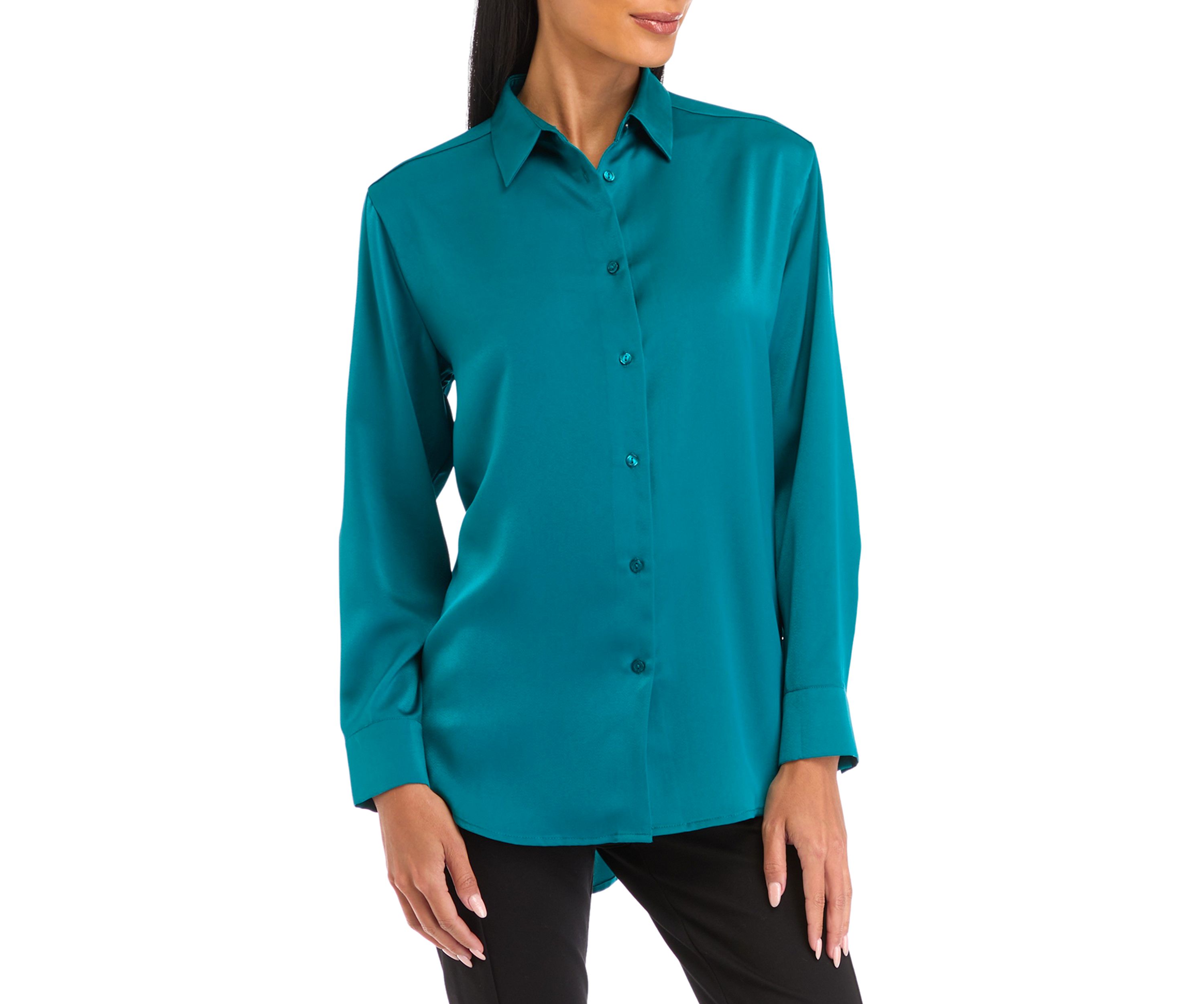 Petite Long Sleeve Collared Button Front Tunic Shirt