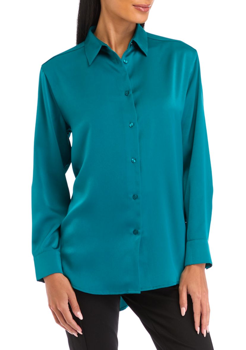 Petite Long Sleeve Collared Button Front Tunic Shirt