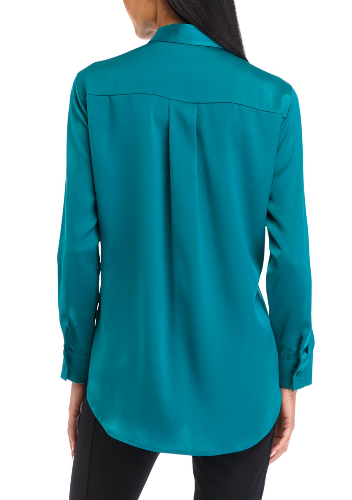 Petite Long Sleeve Collared Button Front Tunic Shirt