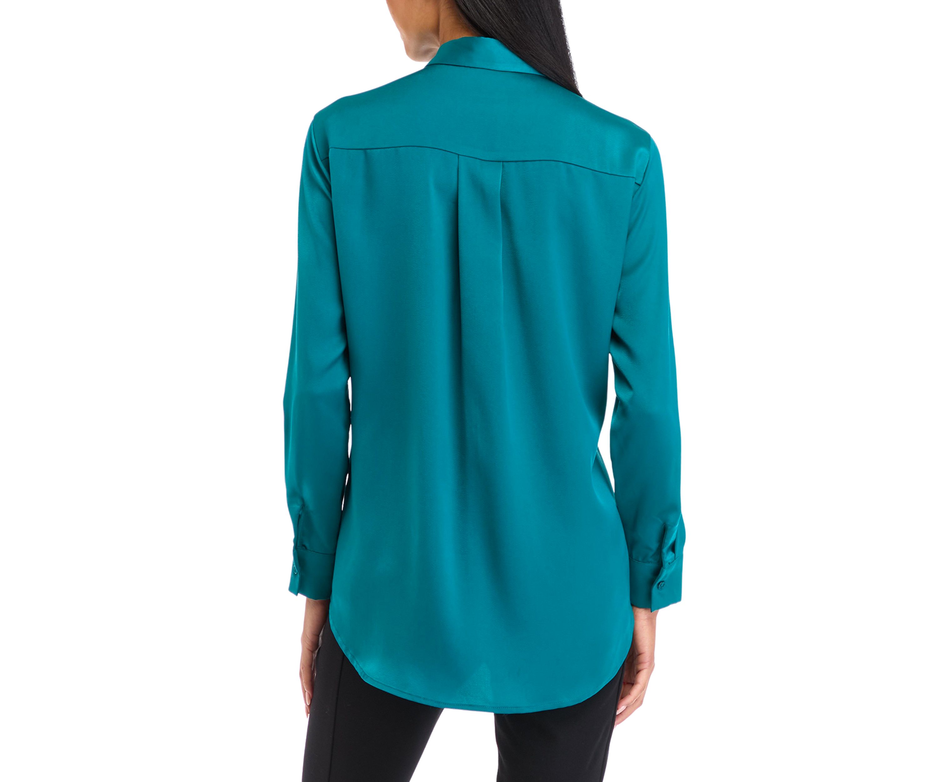 Petite Long Sleeve Collared Button Front Tunic Shirt