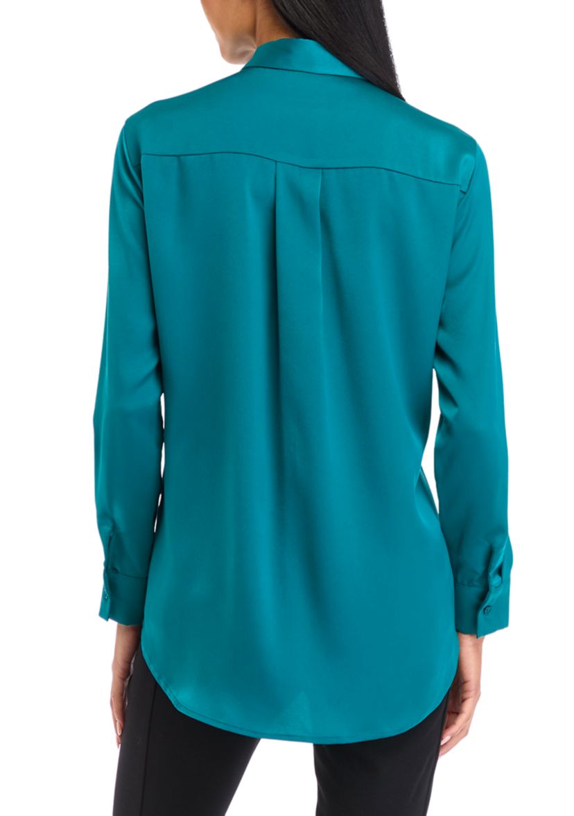 Petite Long Sleeve Collared Button Front Tunic Shirt