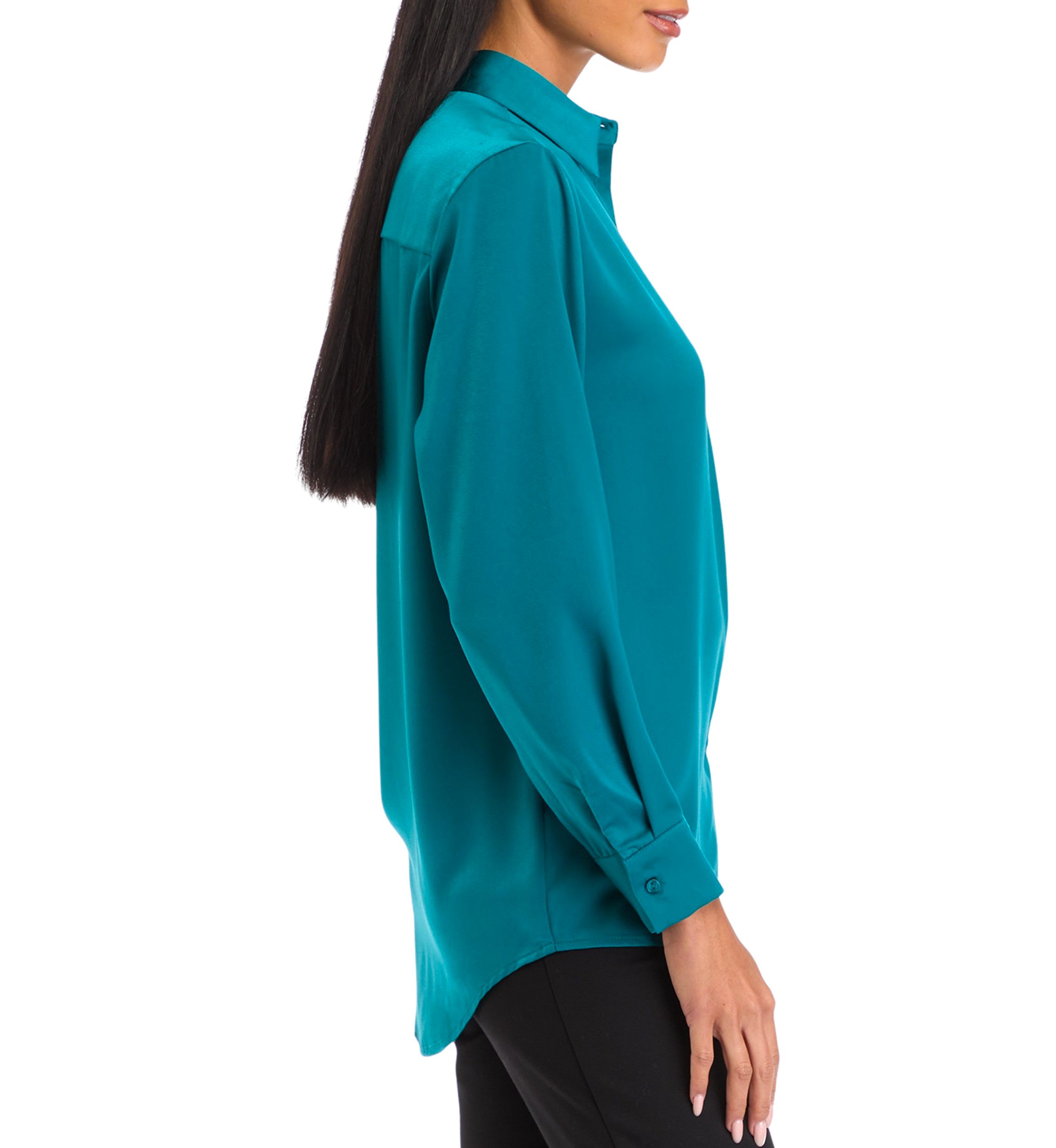 Petite Long Sleeve Collared Button Front Tunic Shirt