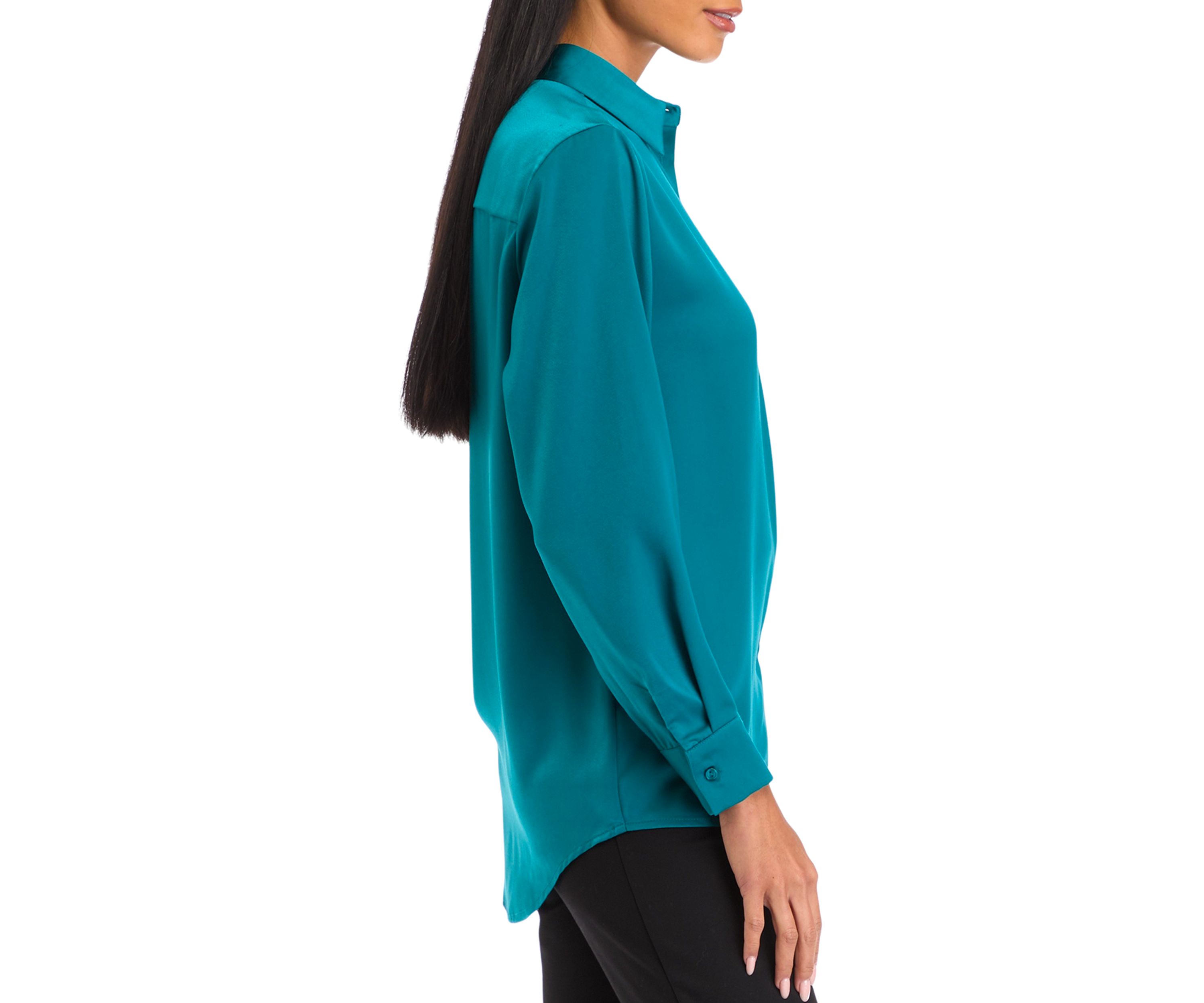 Petite Long Sleeve Collared Button Front Tunic Shirt