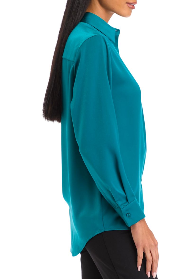 Petite Long Sleeve Collared Button Front Tunic Shirt