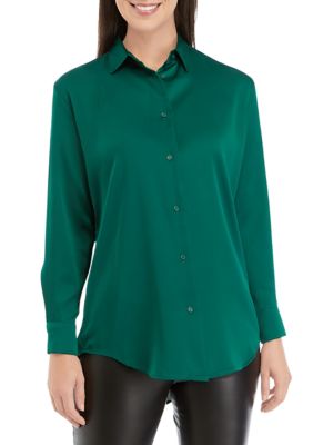 Women's Long Sleeve Button Front Pleated Back Tunic Blouse