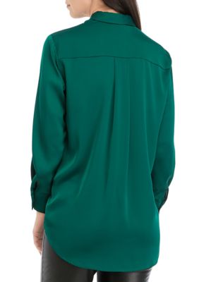 Women's Long Sleeve Button Front Pleated Back Tunic Blouse