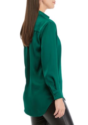 Women's Long Sleeve Button Front Pleated Back Tunic Blouse