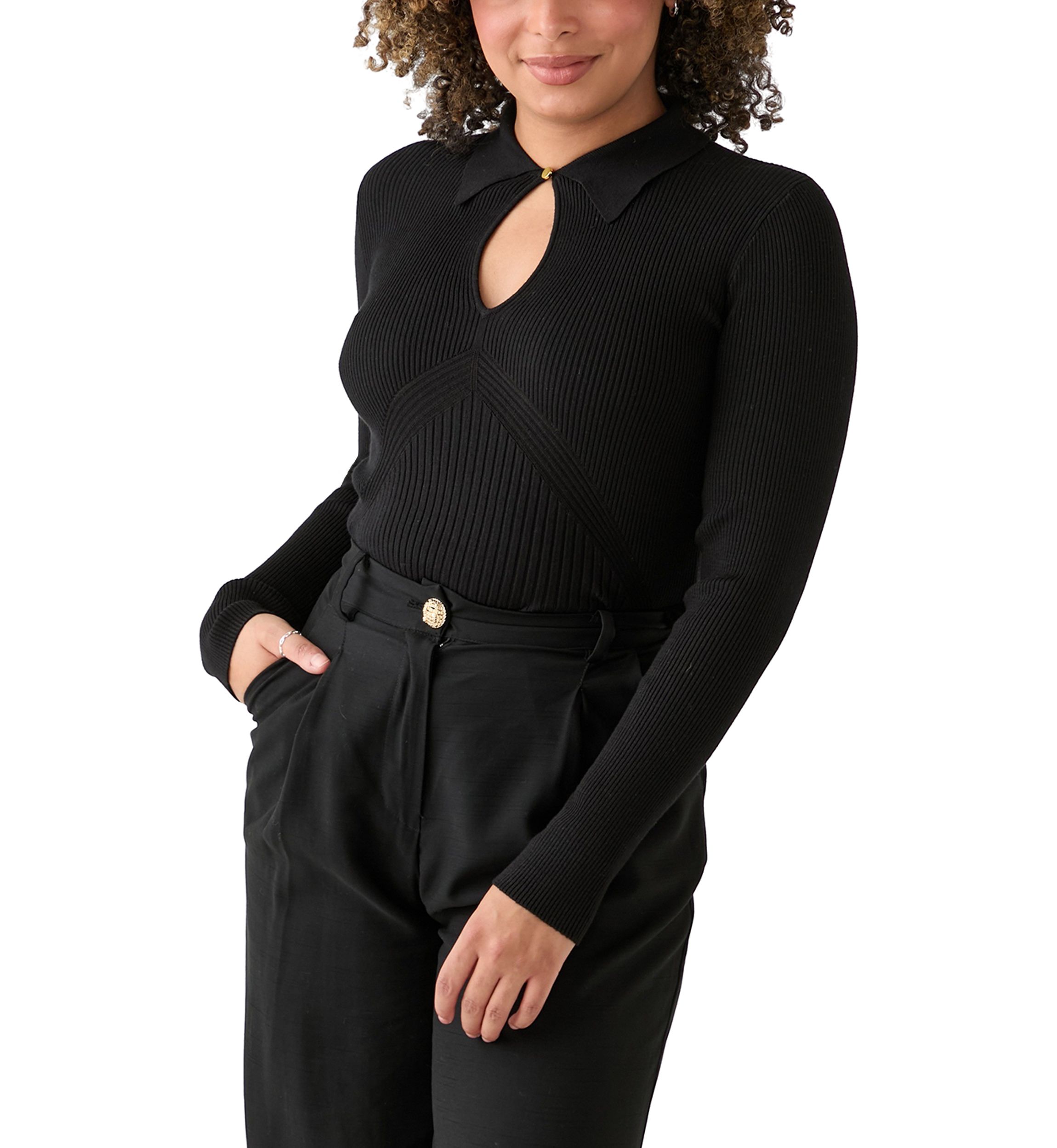 Womens Long Sleeve Collared Ribbed Sweater with Keyhole