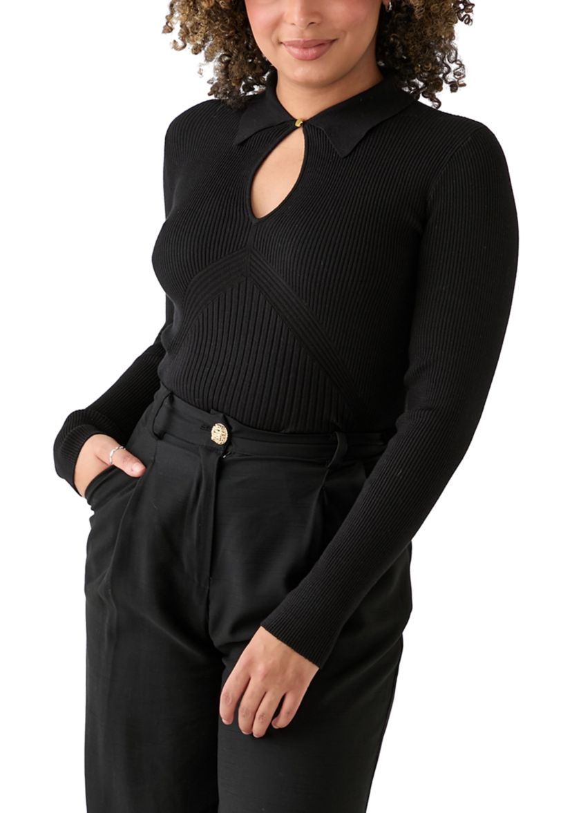 Womens Long Sleeve Collared Ribbed Sweater with Keyhole