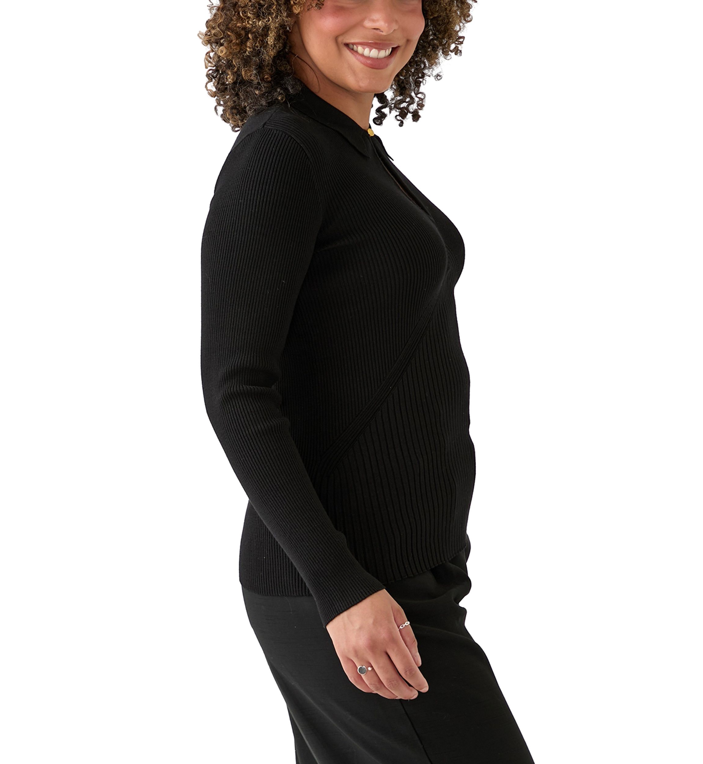 Womens Long Sleeve Collared Ribbed Sweater with Keyhole