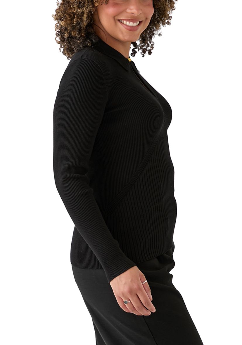 Womens Long Sleeve Collared Ribbed Sweater with Keyhole