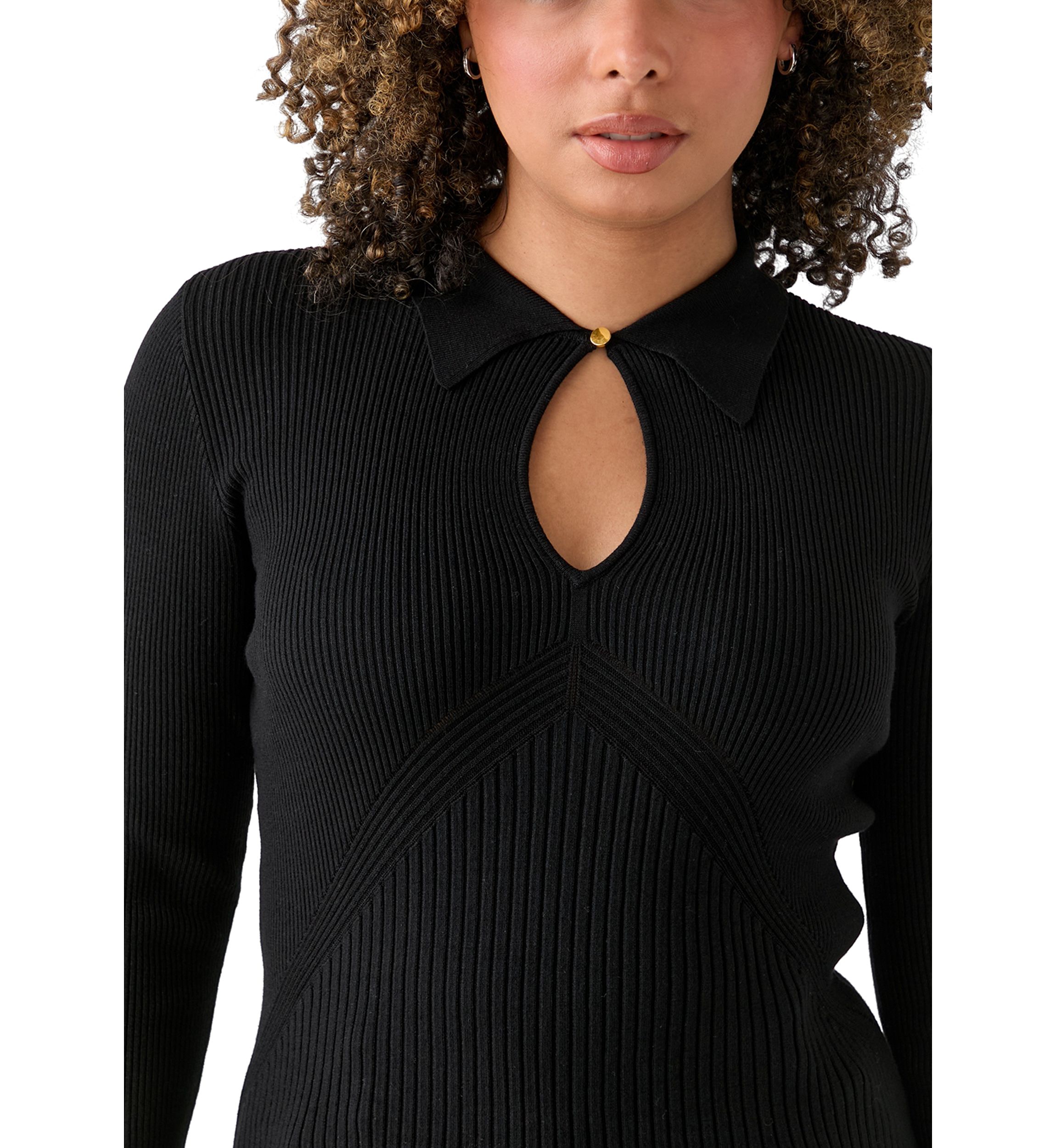 Womens Long Sleeve Collared Ribbed Sweater with Keyhole